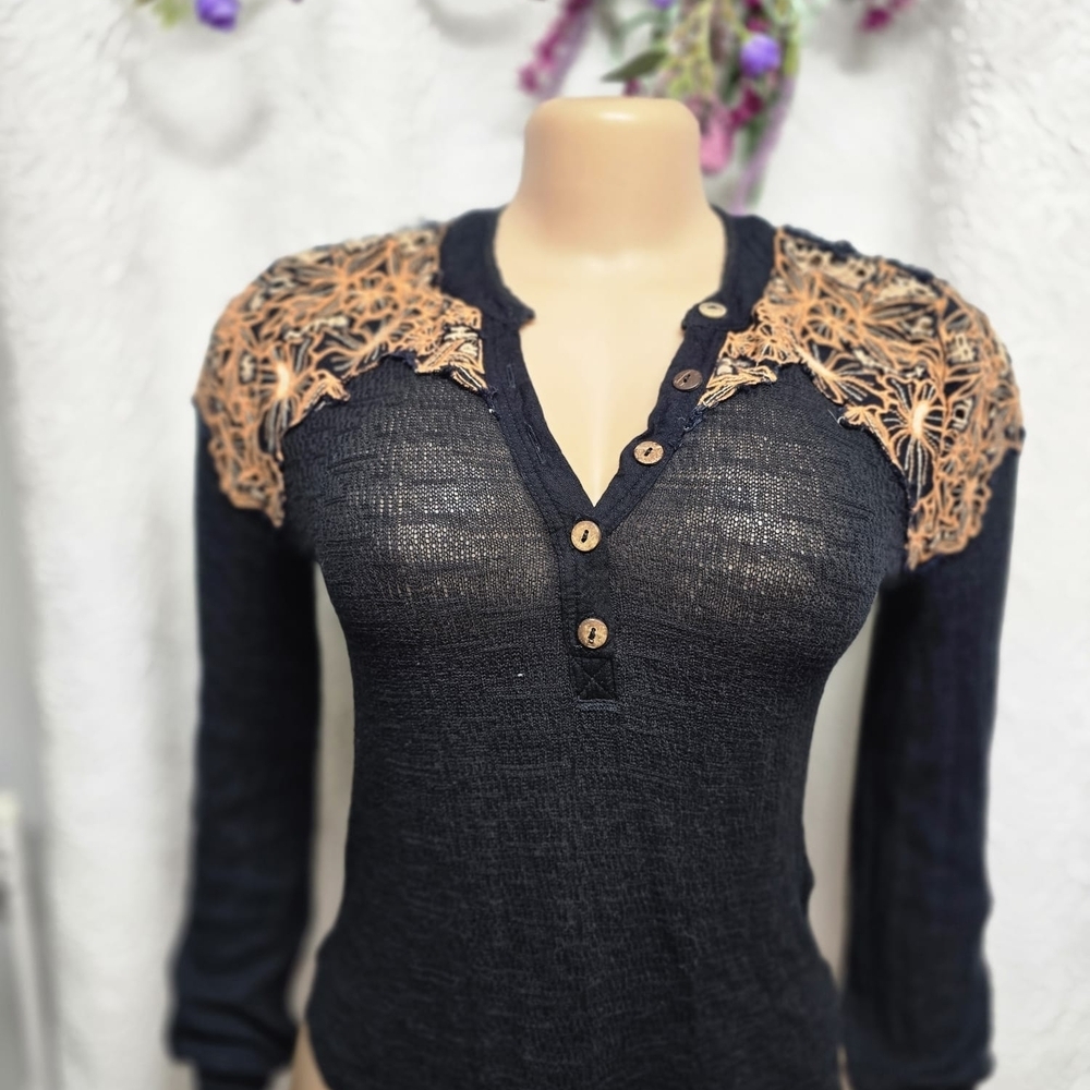 Free People Black Top with Tan Lace Accents